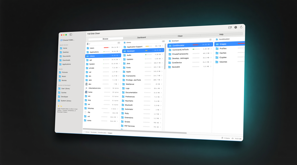 Browse tab showing column-view file navigation with sizes