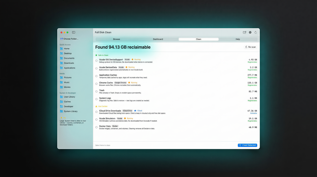 Clean tab showing space hogs with safety tier indicators