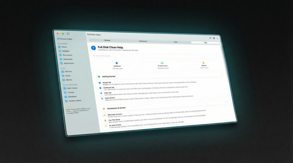 Help tab with searchable content and onboarding guide